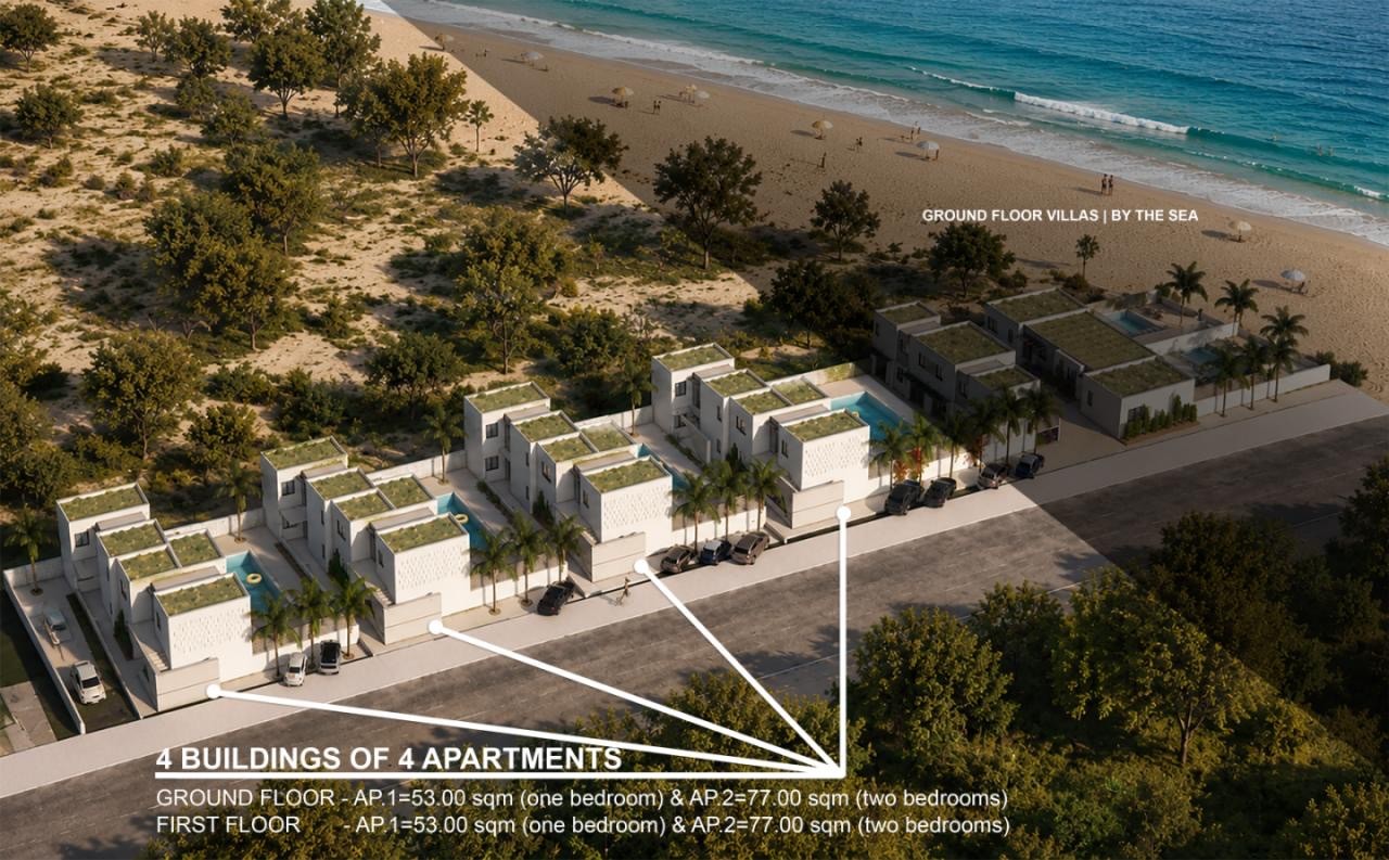 Gerani Beach Residences masterplan — 2 beachfront villas + 4 buildings of 4 apartments