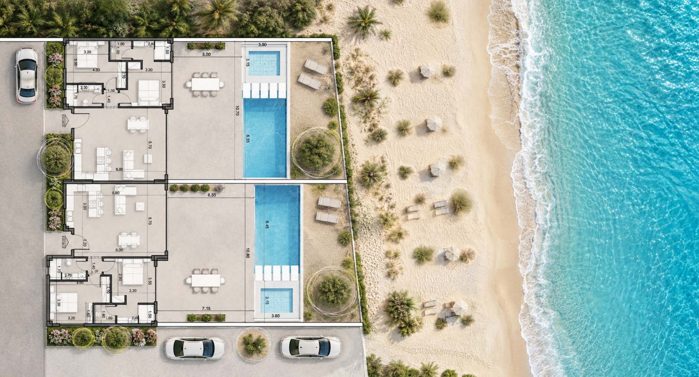 Aerial floor plan of the two beachfront villas — private pools, landscaped areas, direct beach access